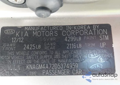 2013 Kia Optima Lx from USA, damaged, VIN KNAGM4A72D5374959